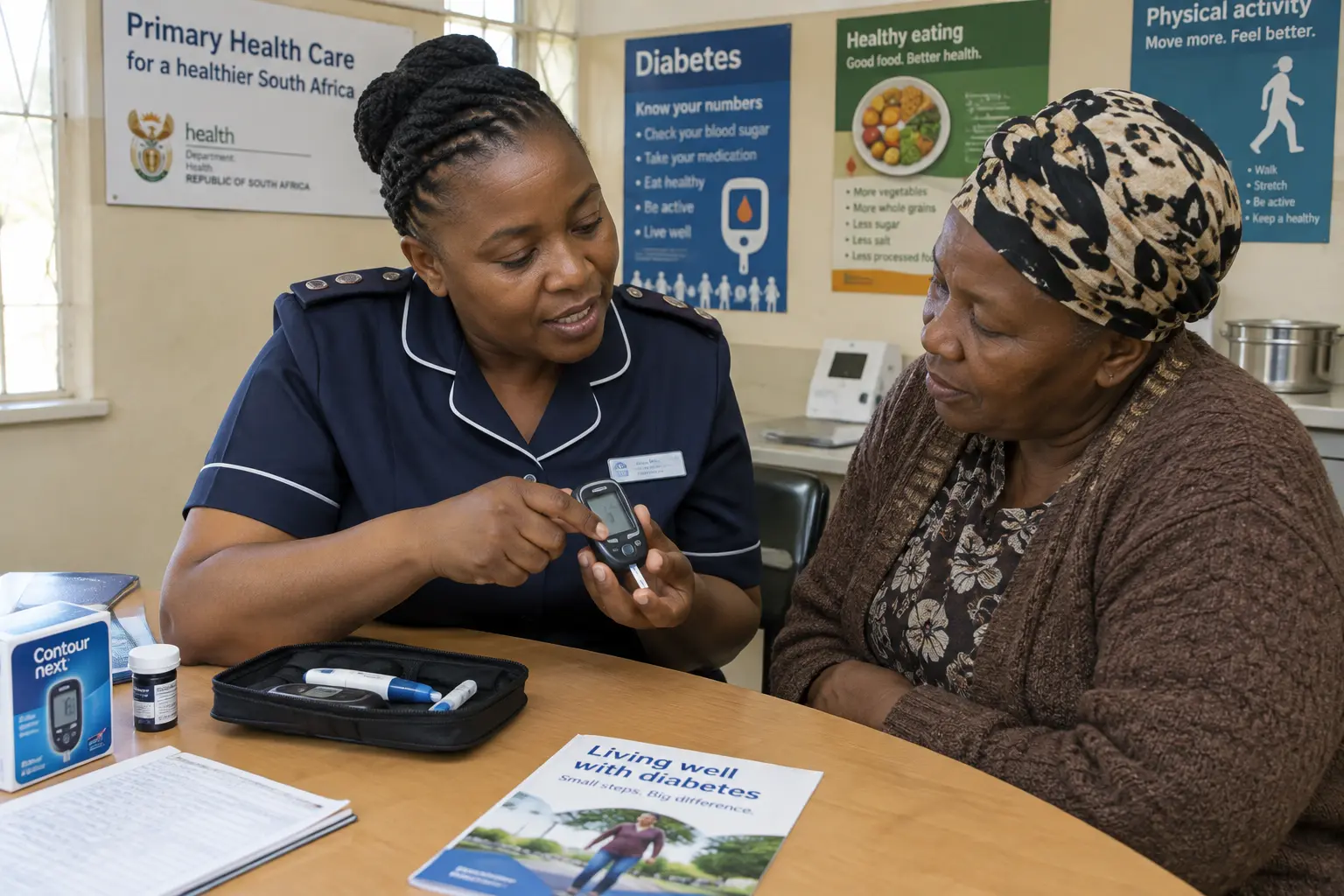 A nurse teaching a diabetic patient how to use a glucose monitor at a South African clinic, illustrating the supportive-educative nursing system