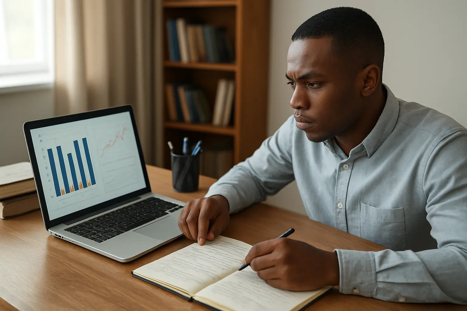 South African criminology postgraduate student comparing crime statistics tables from different sources on a laptop screen