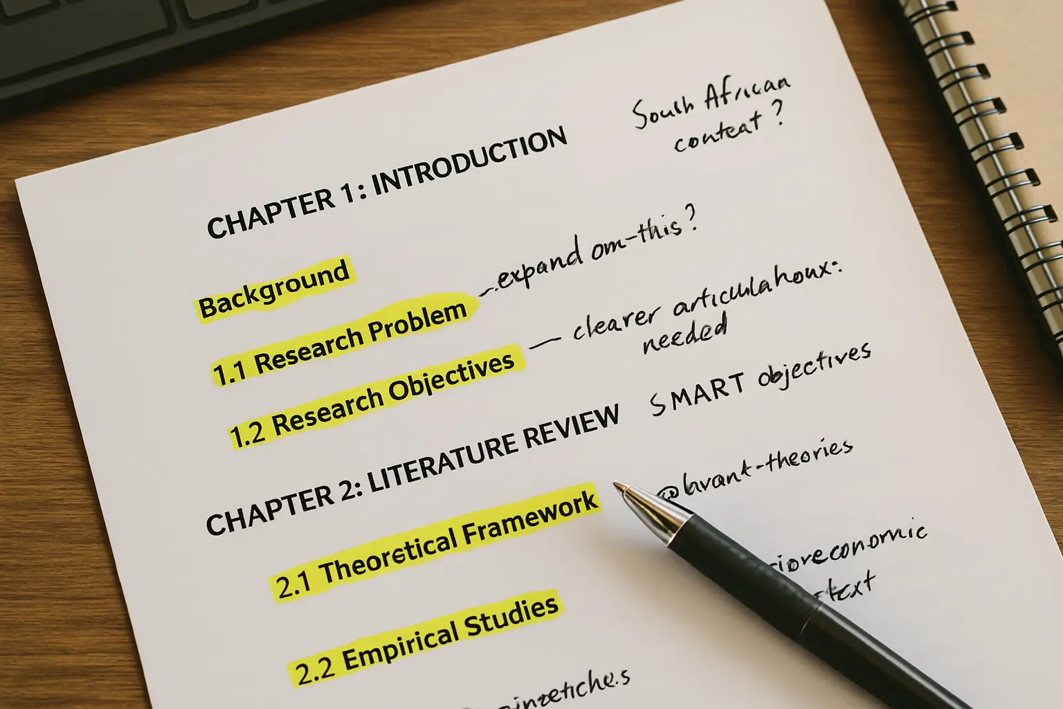 A printed nursing research report chapter outline with handwritten annotations in the margins