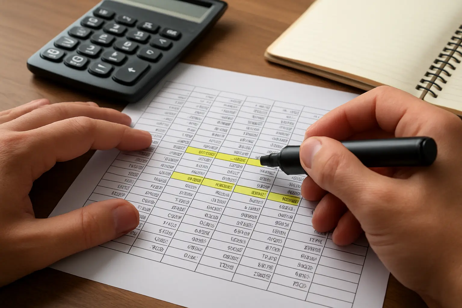 Close-up of hands highlighting rows on a printed crime statistics table with a marker pen