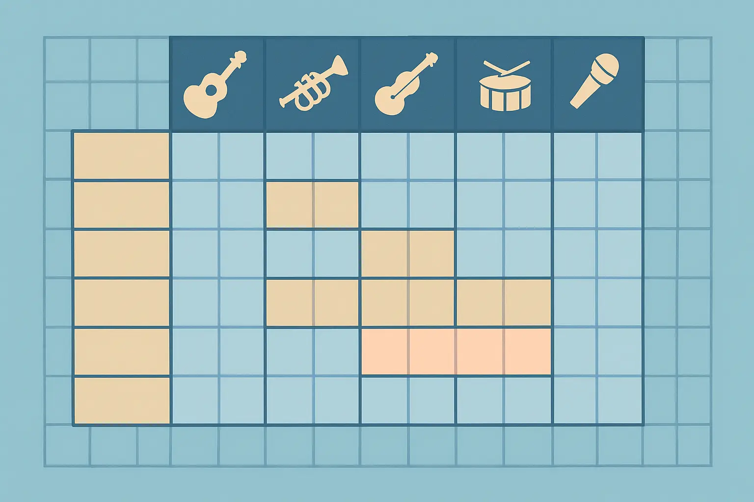 Flat vector blueprint grid mapping research objectives against instrument items with one uncovered objective highlighted