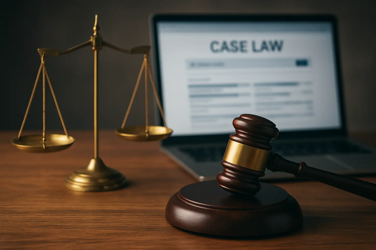 A gavel and scale of justice beside a laptop showing a case-law database search
