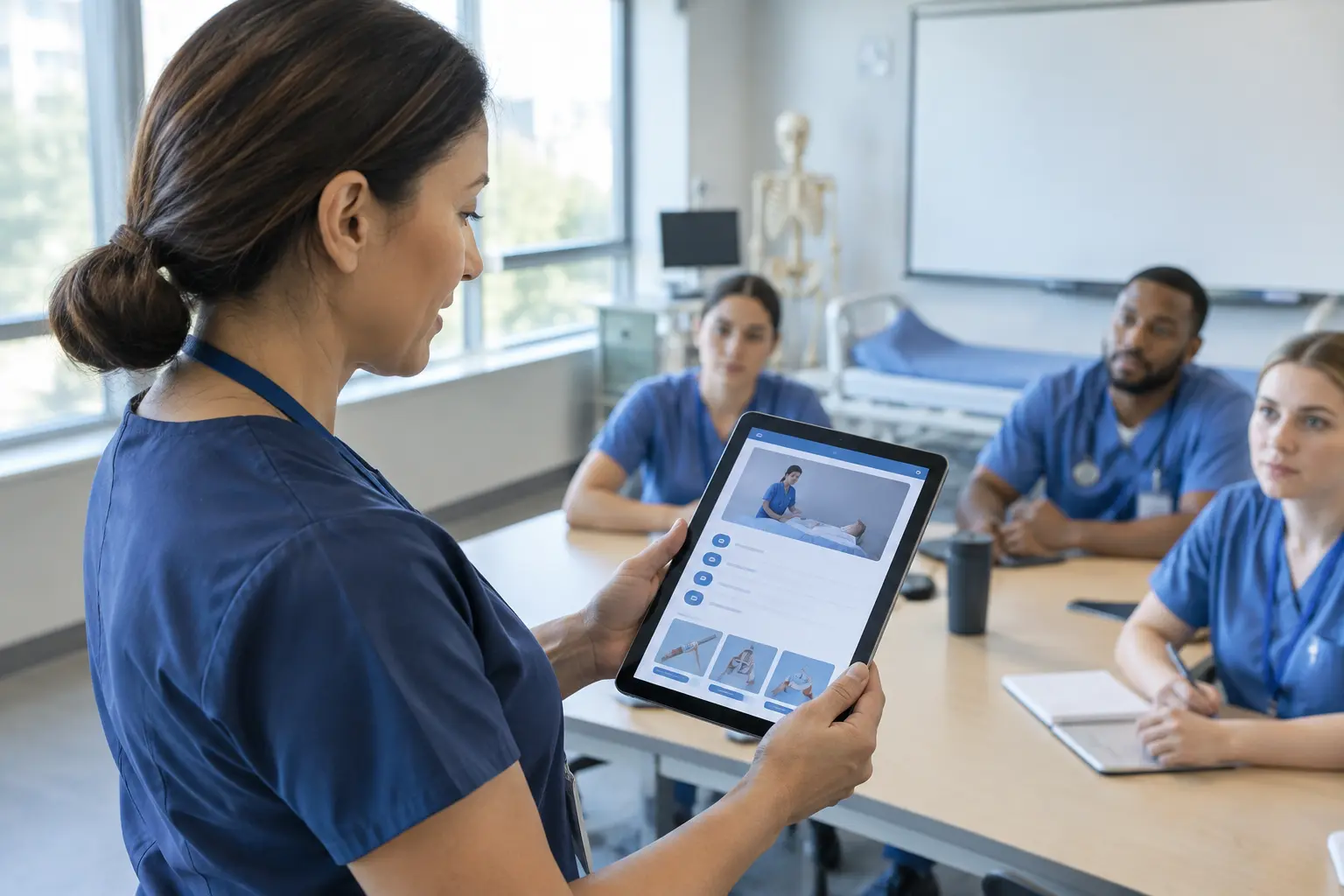 Nurse educator reviewing a tablet showing an AI-assisted learning tool interface