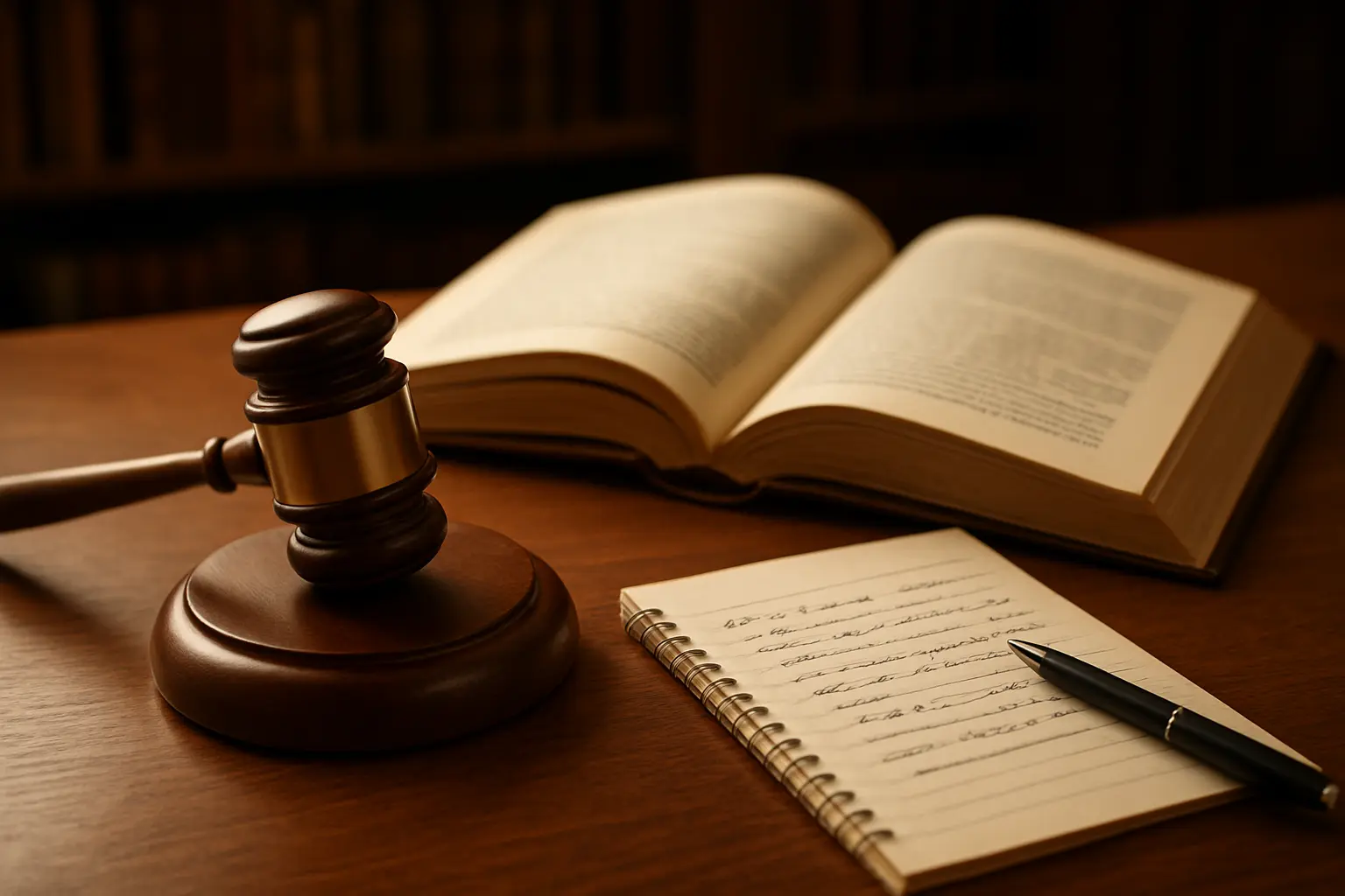 A gavel resting beside an open law report book and a handwritten notepad with underlined text on a desk