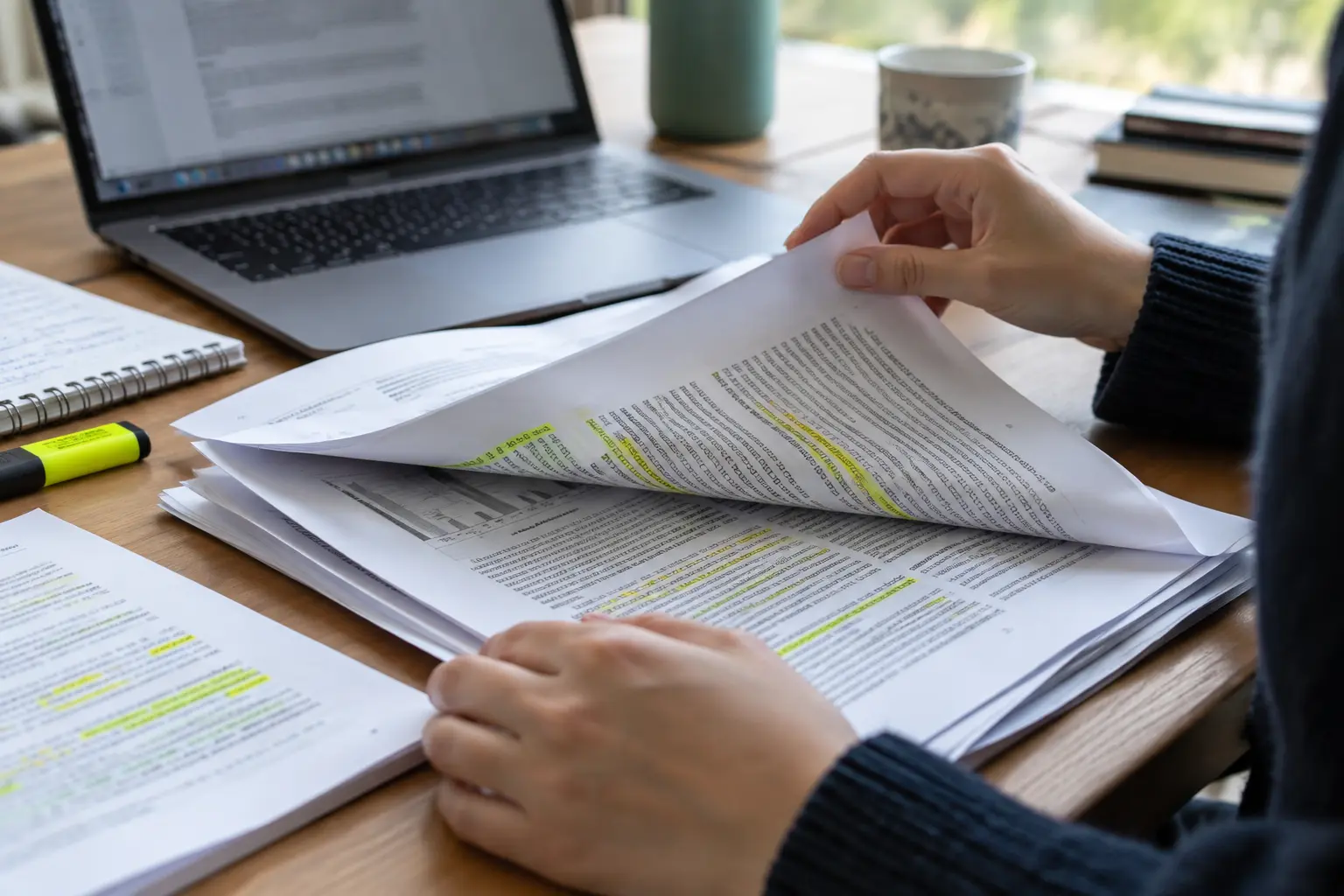 Student reviewing printed journal articles with highlighted passages on a desk