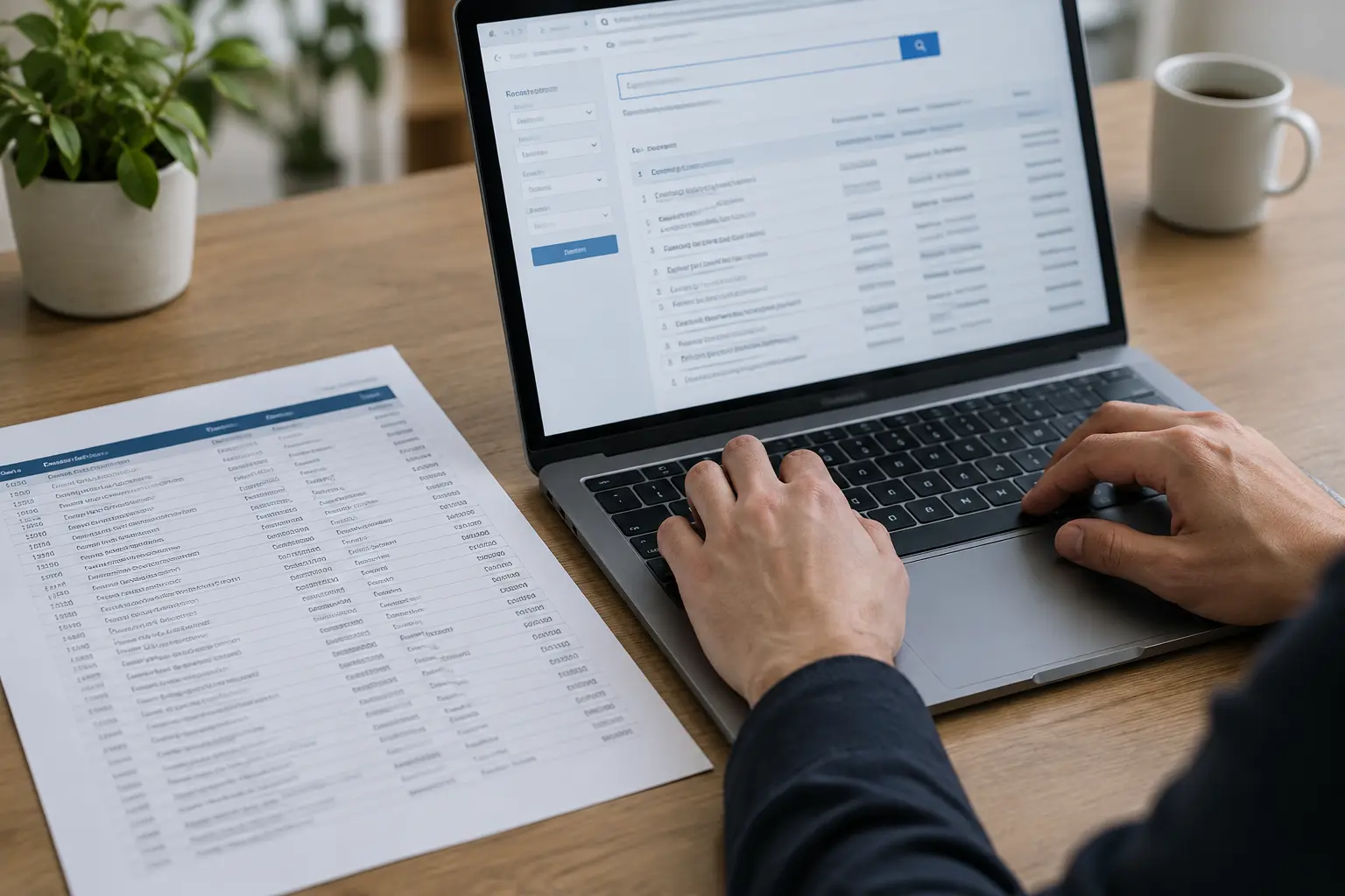 Close-up of a laptop showing a company registration search next to a printed sector-association membership list
