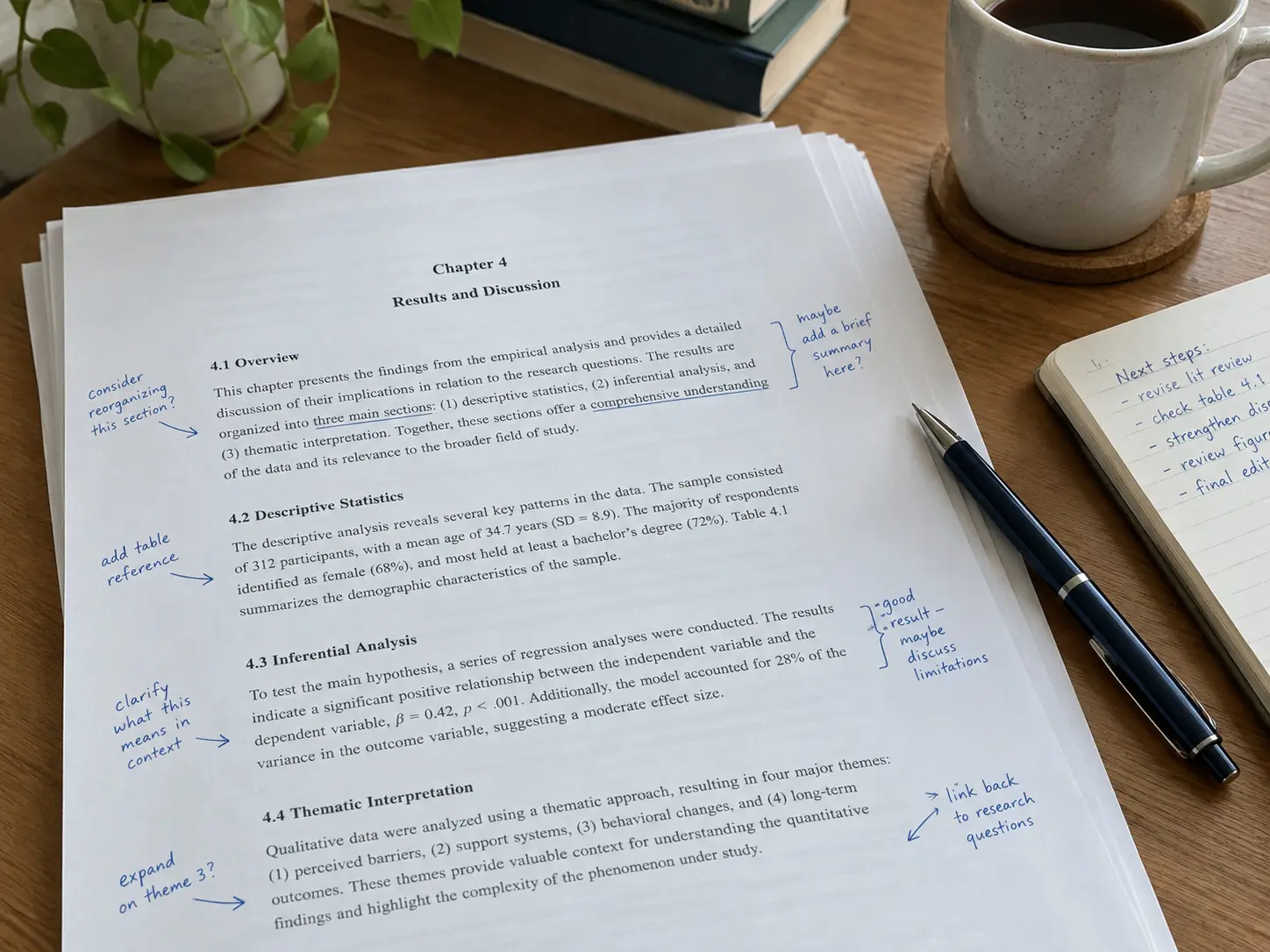 Printed dissertation chapter draft with handwritten annotations on a desk