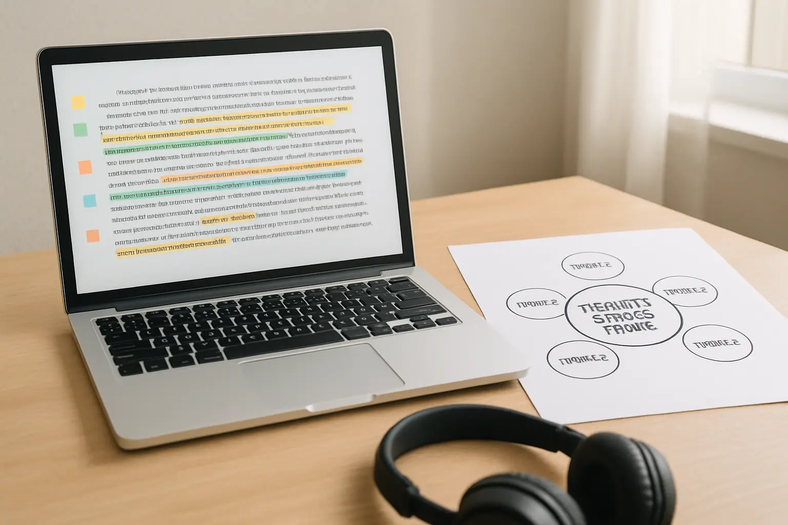 A laptop showing a coded interview transcript next to a printed thematic coding frame