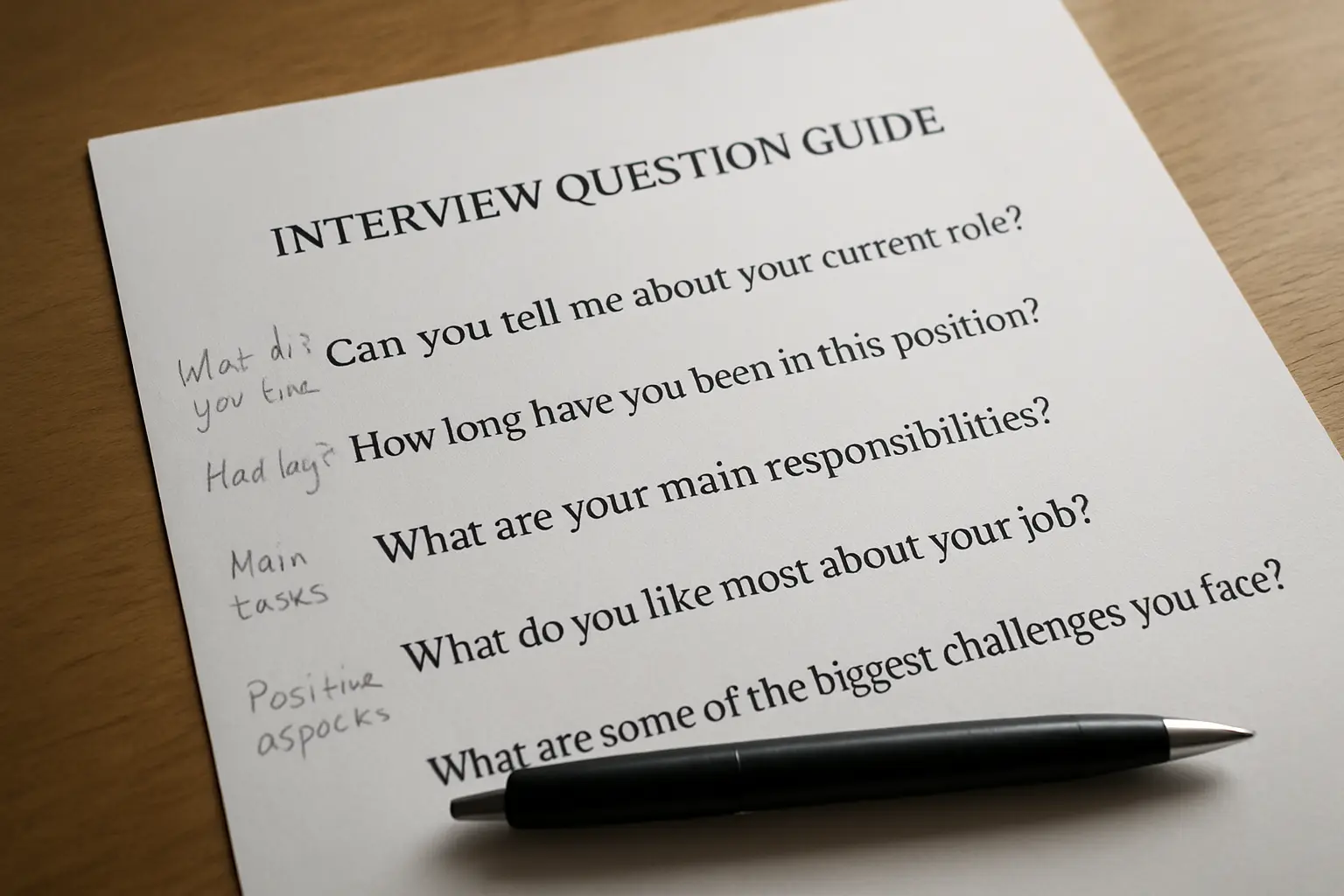 Printed interview question guide with handwritten probe notes in the margin