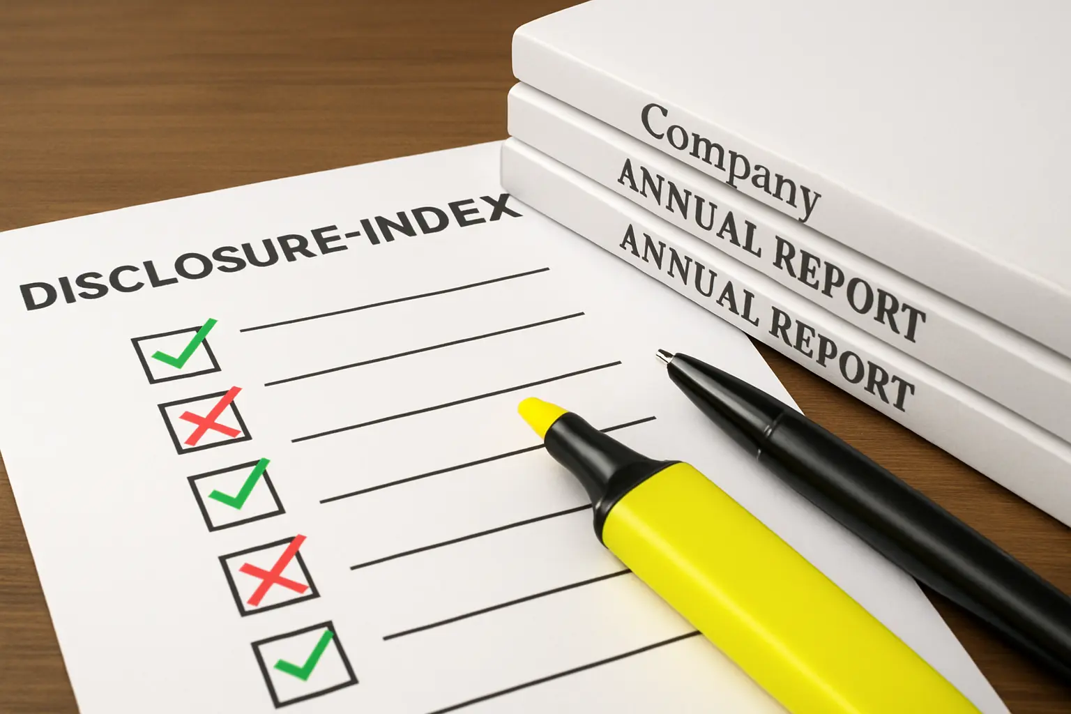 A printed disclosure-index checklist beside a stack of company annual reports