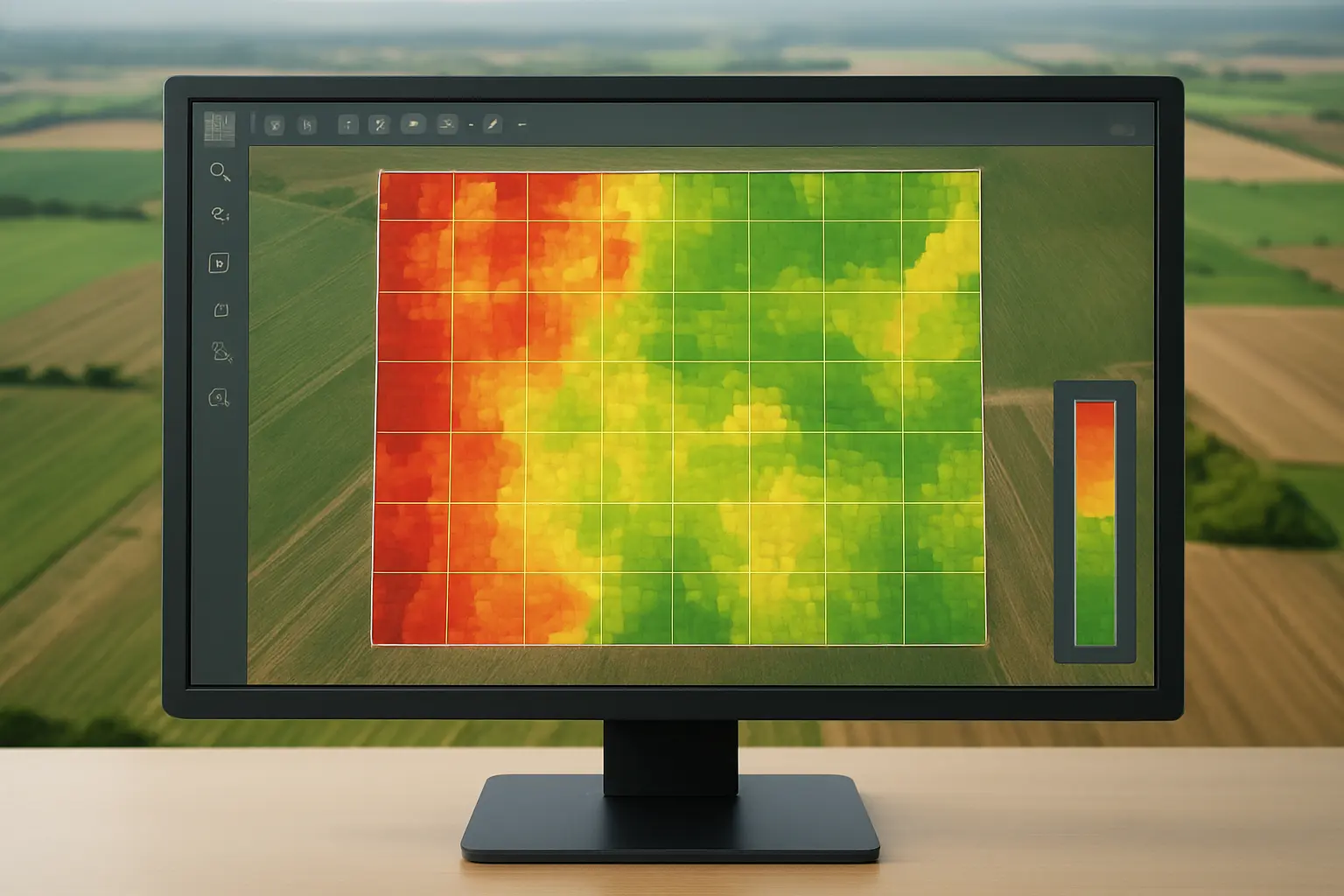 A soil property map of an agricultural field displayed in QGIS spatial analysis software on a computer screen