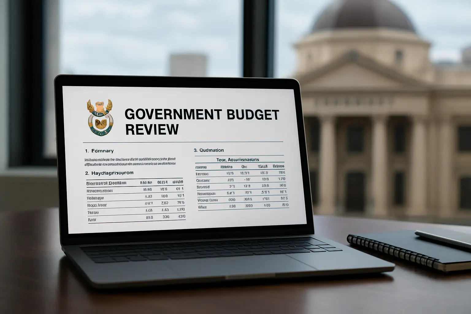 A laptop showing a South African government budget review document with financial tables