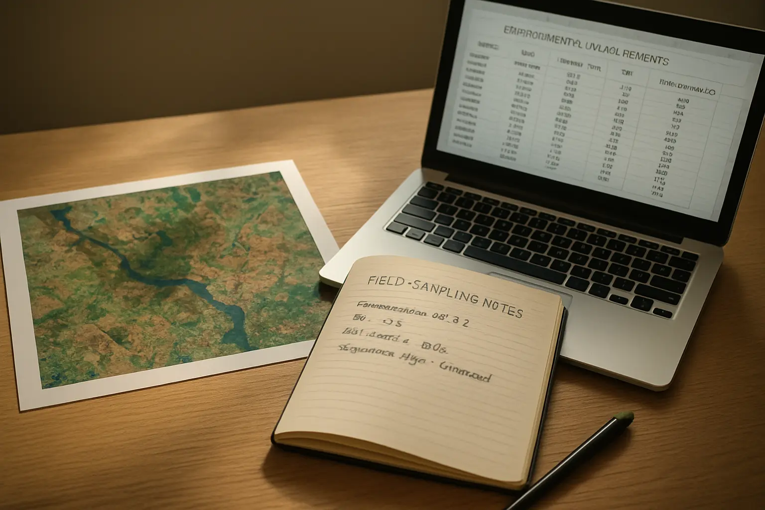 Satellite land-cover image printout beside a notebook of field sampling notes