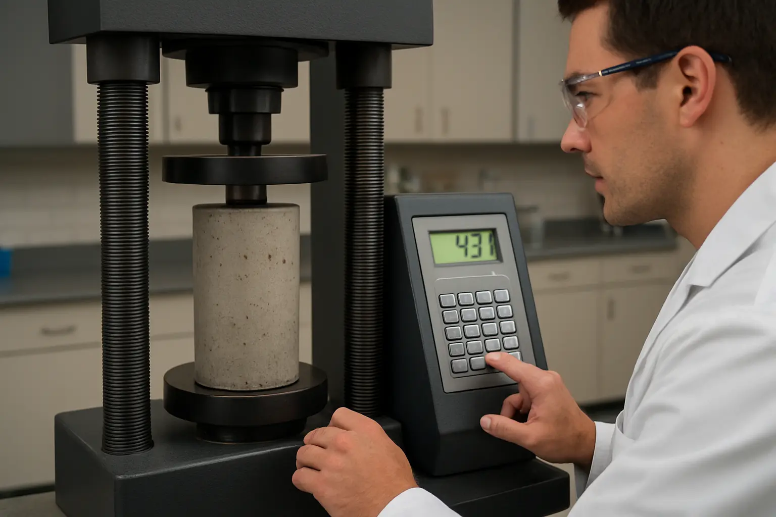 A lab technician testing fly-ash concrete cylinder samples in a compression testing machine