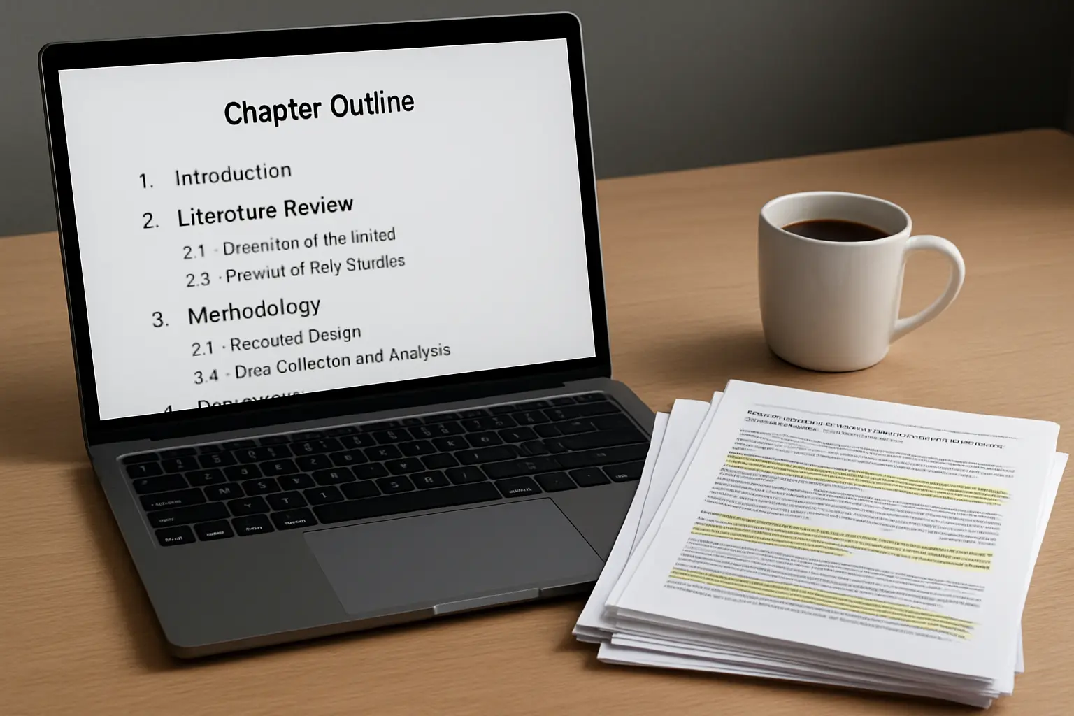 A laptop showing a chapter outline next to a stack of highlighted printed journal articles