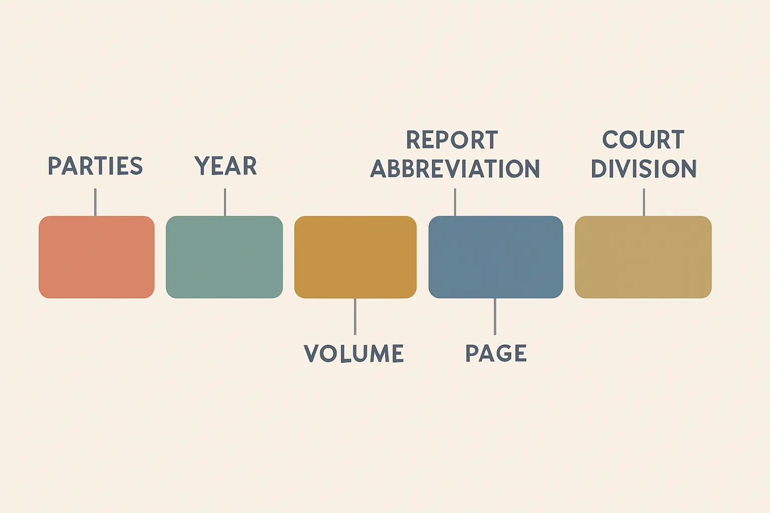 Flat vector diagram of the parts of a South African law report citation, from party names to court division