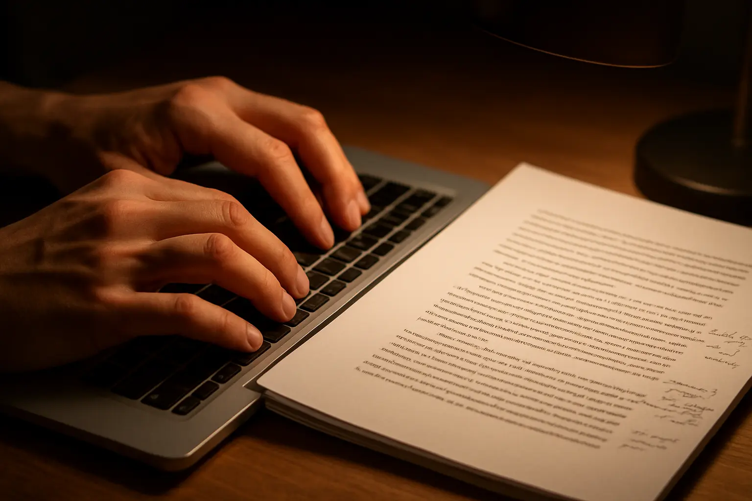 Close-up of hands typing on a laptop keyboard next to a printed dissertation chapter with handwritten margin notes