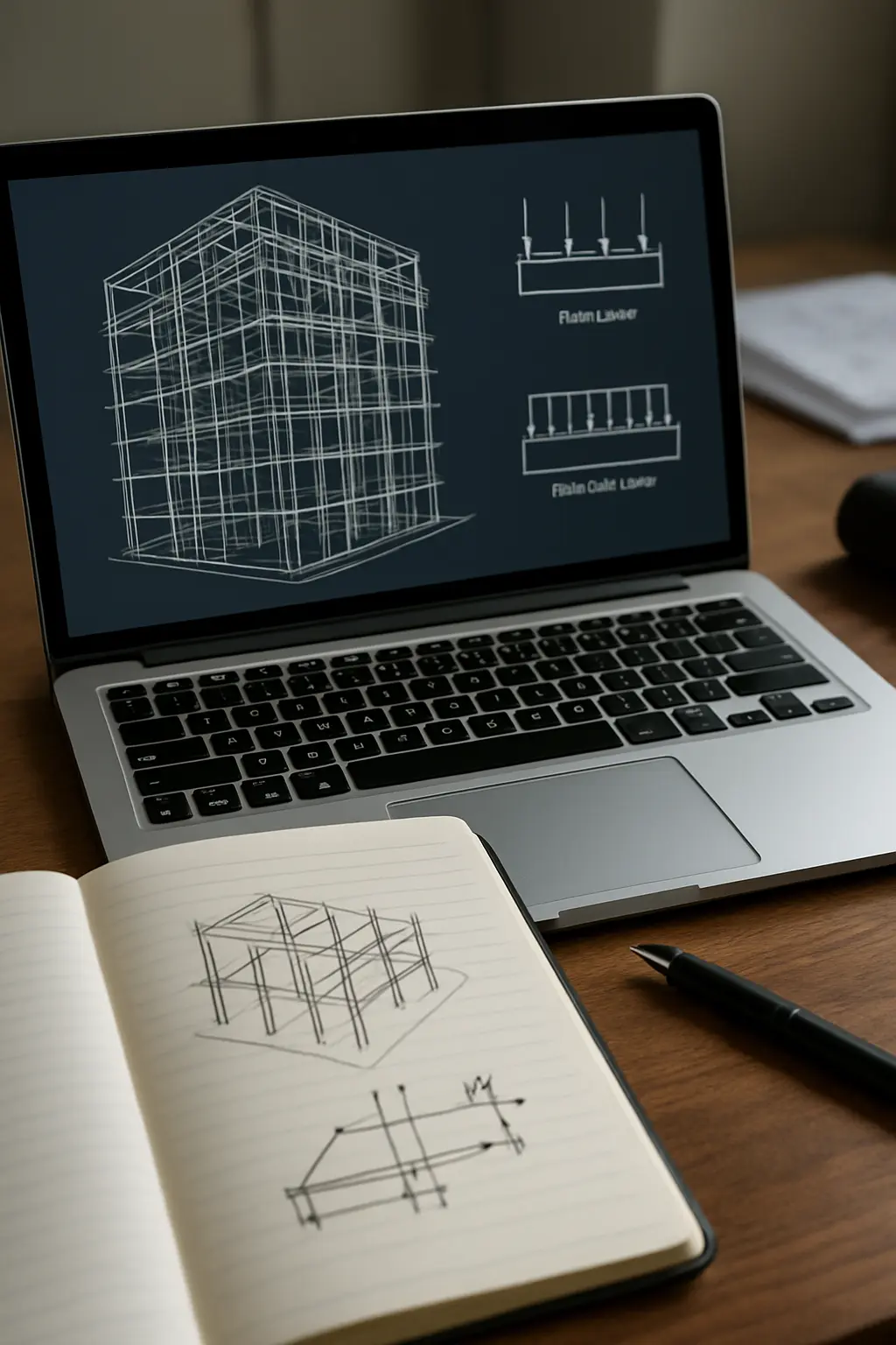 Laptop screen showing a multi-storey building wireframe model with load diagrams