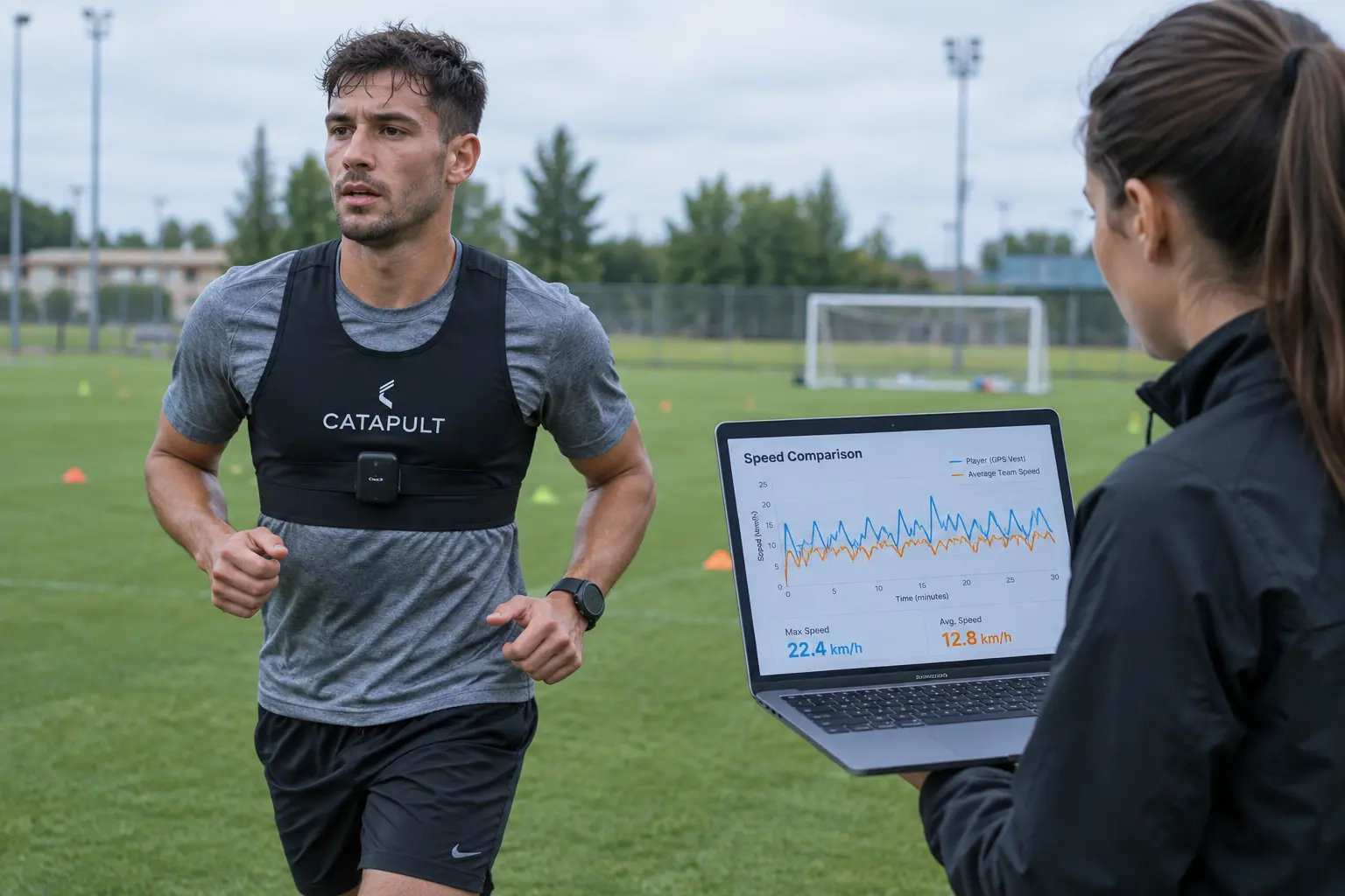 An athlete wearing a GPS tracking vest during training while a researcher reviews a speed comparison chart on a laptop