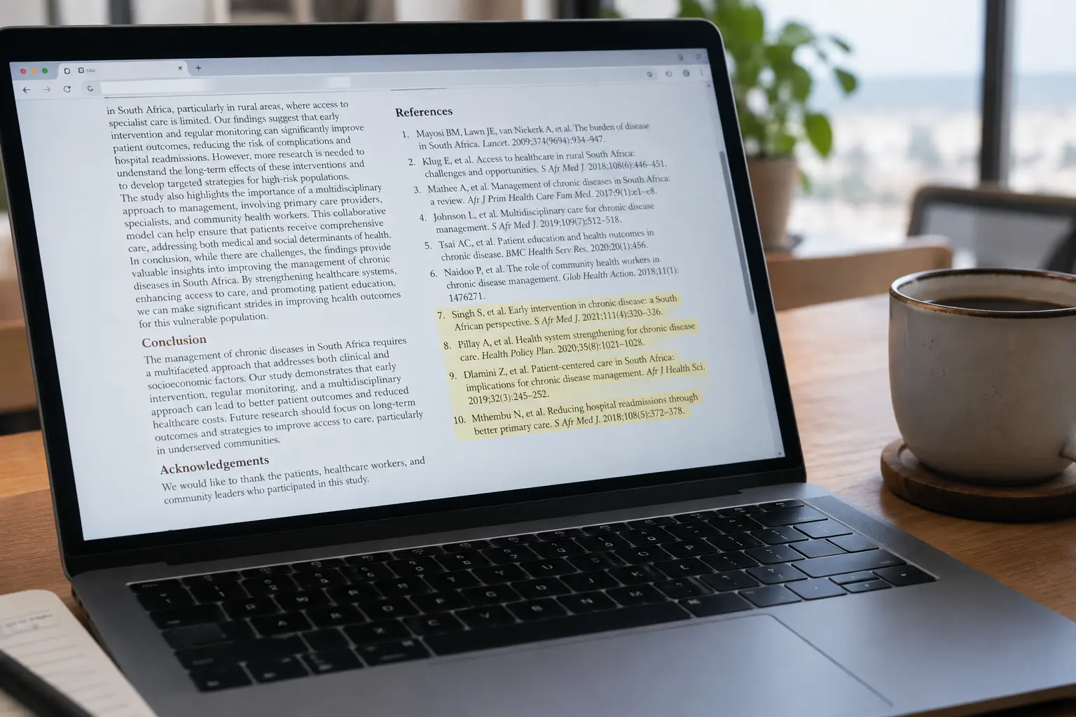 Close-up of a laptop screen showing a peer-reviewed journal article with a highlighted reference list