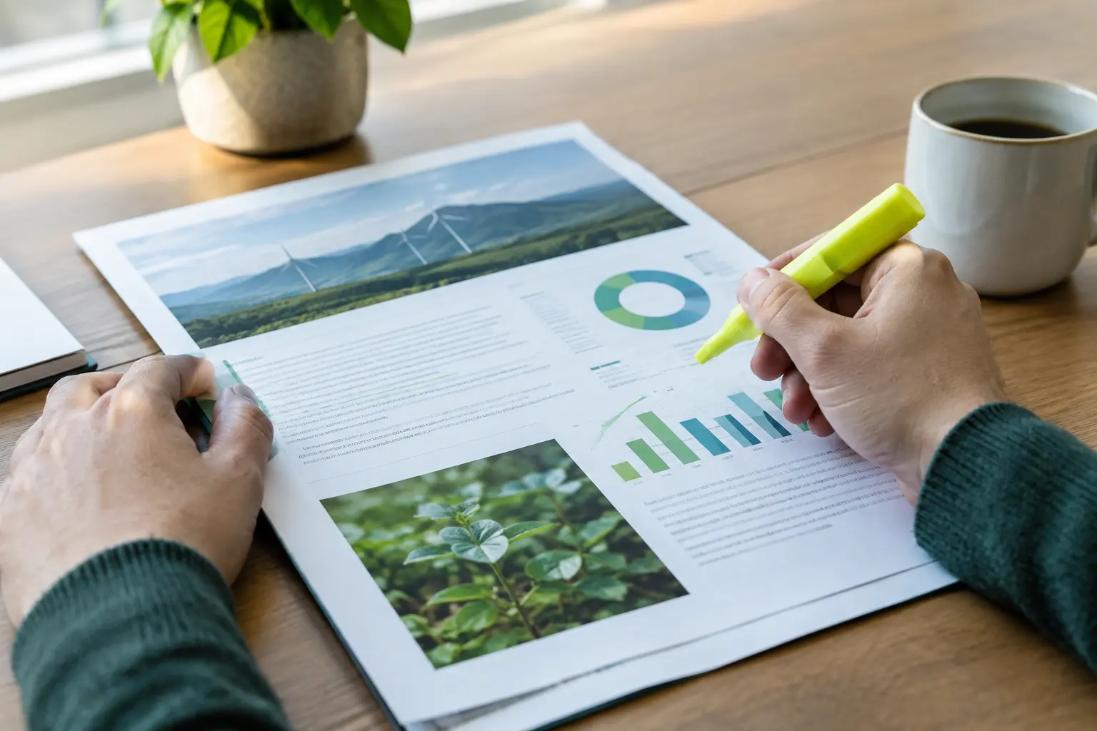 Hands holding a highlighter over a printed corporate sustainability report page