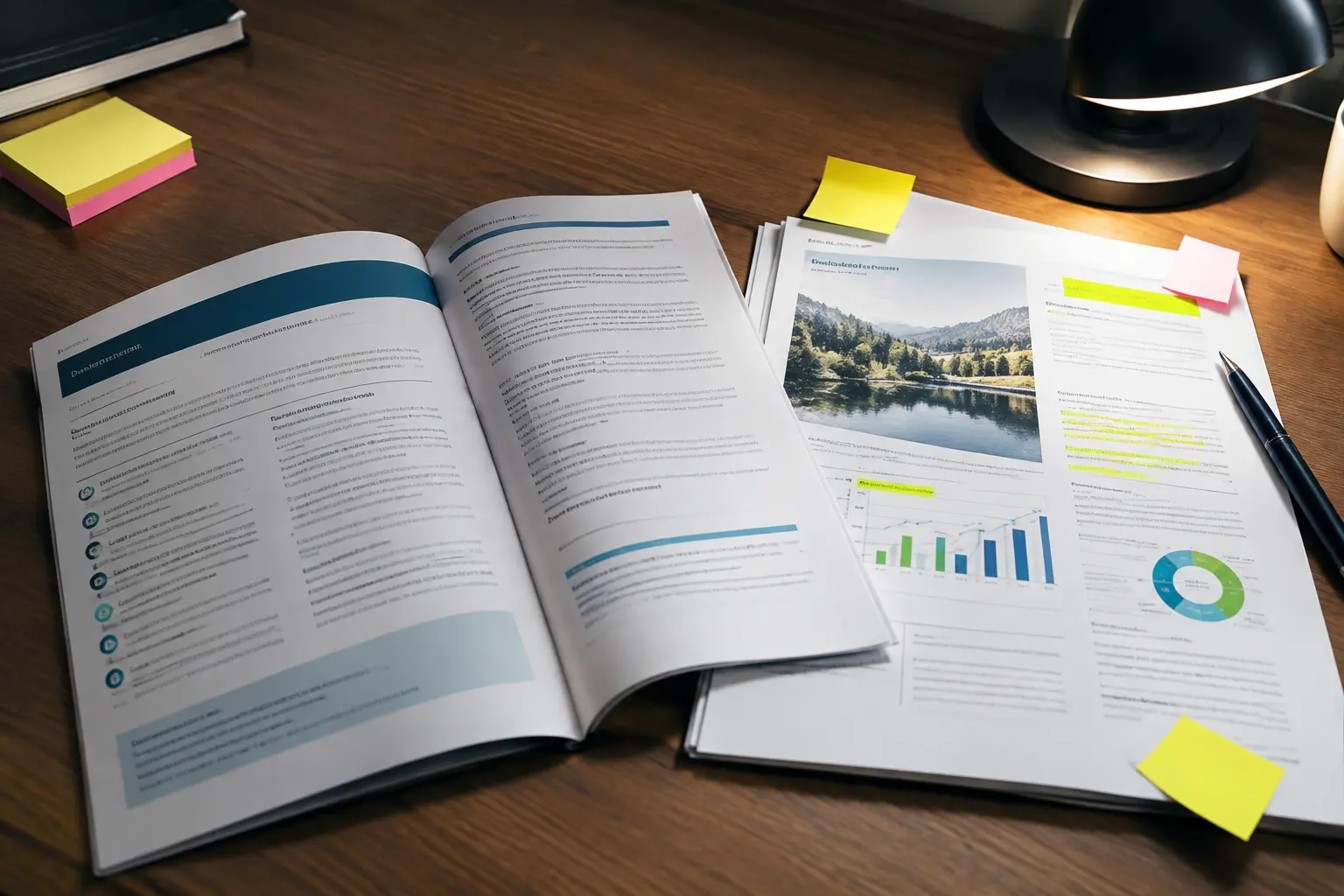 Close-up of a printed governance code booklet beside a highlighted annual report page with sticky notes marking a transition