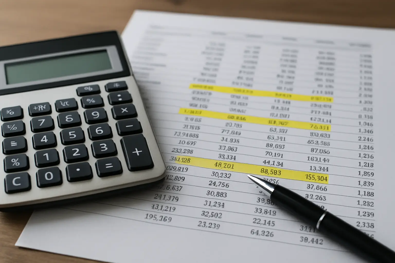 Close-up of a calculator, pen and printed financial statement pages with highlighted line items on an office desk