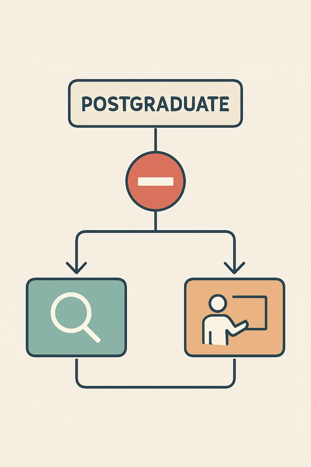 Flat vector decision diagram showing the postgraduate funding route blocked at one scheme and redirected to two others