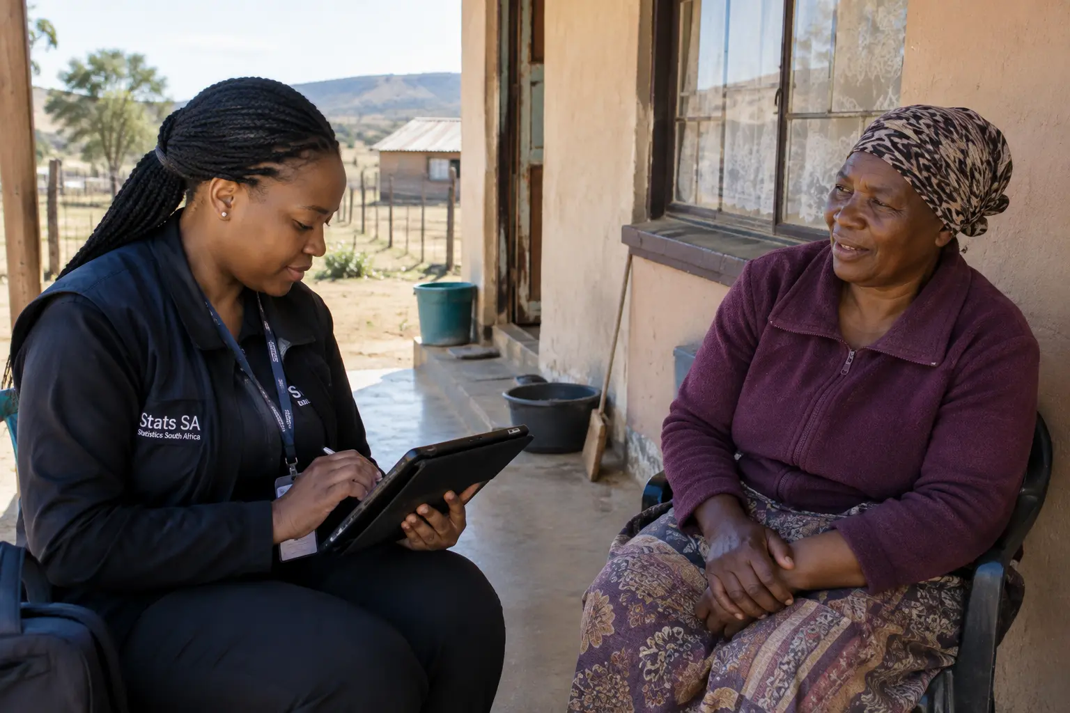 A researcher conducting a household survey interview on the porch of a rural South African home