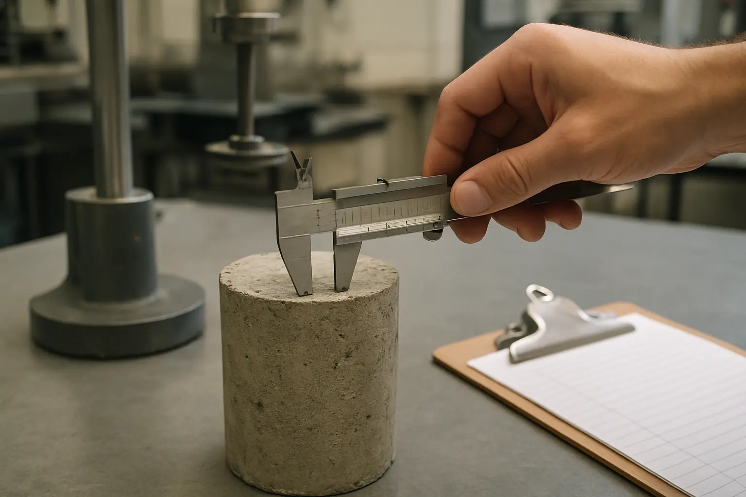 South African civil engineering postgraduate student conducting a concrete compressive strength test in a university structures laboratory
