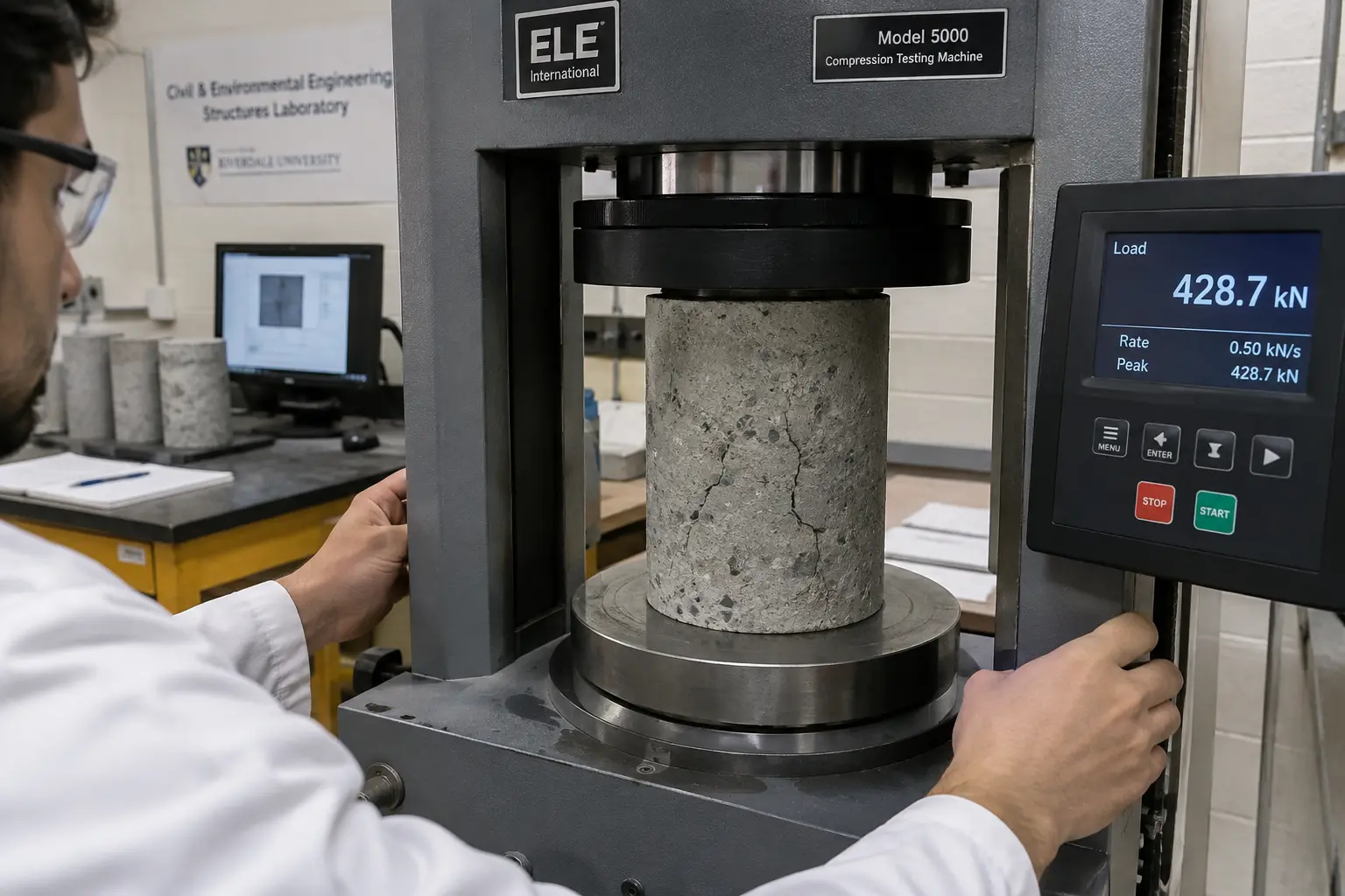Close-up of a compression testing machine measuring a concrete cylinder specimen, digital load readout visible