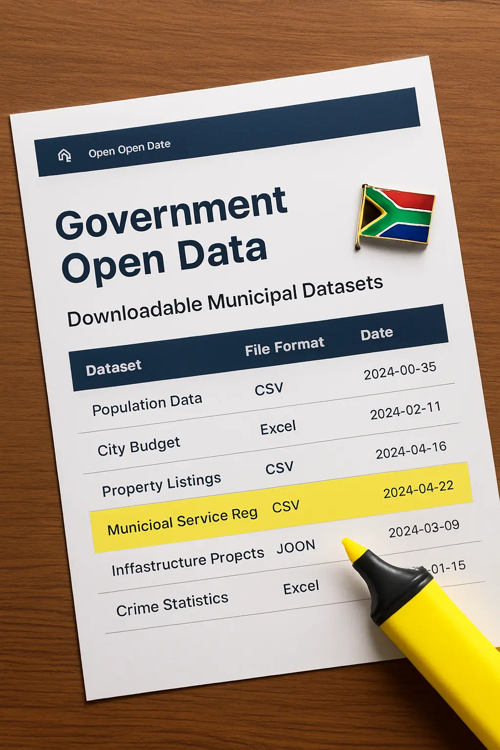 A printed government open-data portal listing municipal datasets with file formats and dates
