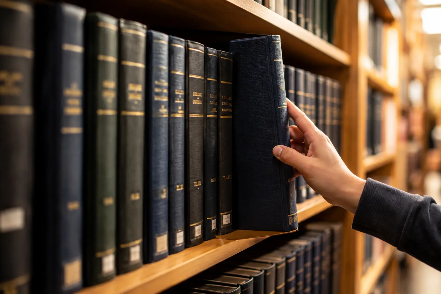 Student pulling a bound dissertation from a university library shelf