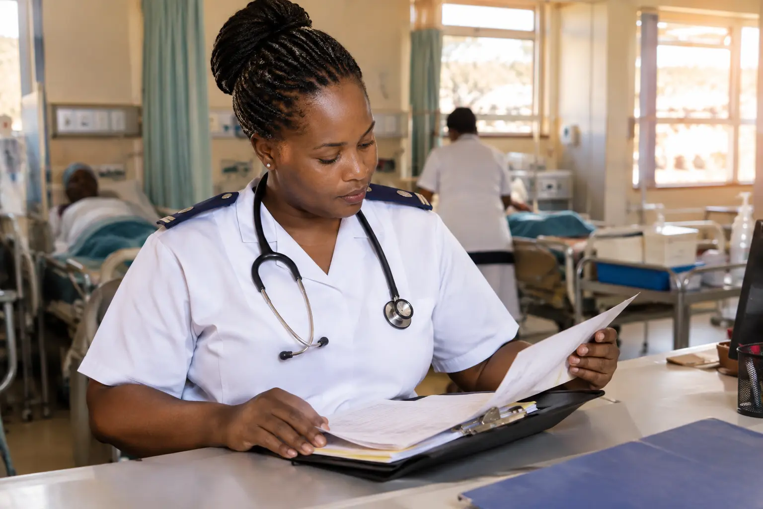 Nurse in uniform reviewing a patient file at a ward desk