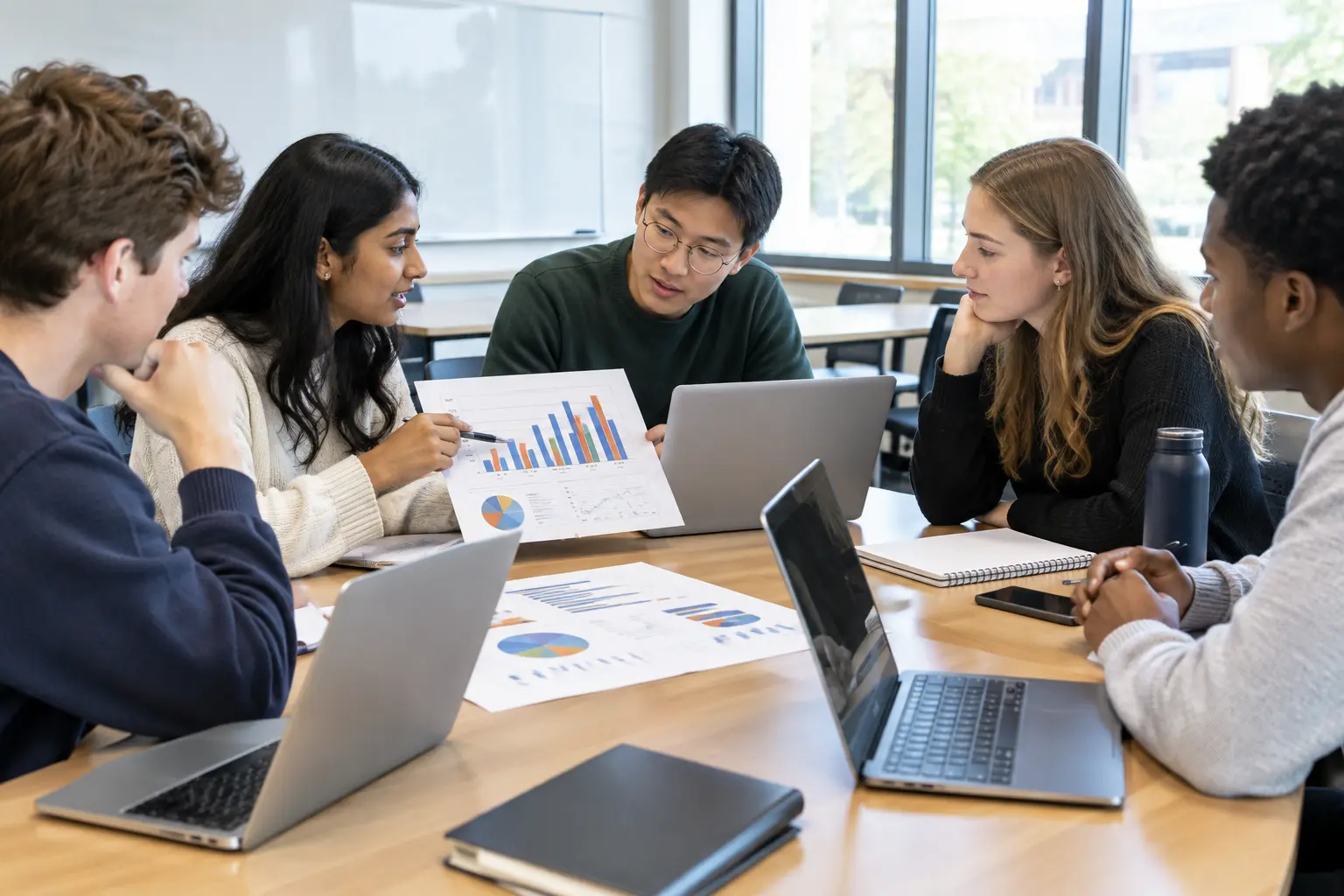 Commerce students discussing printed survey results around a table