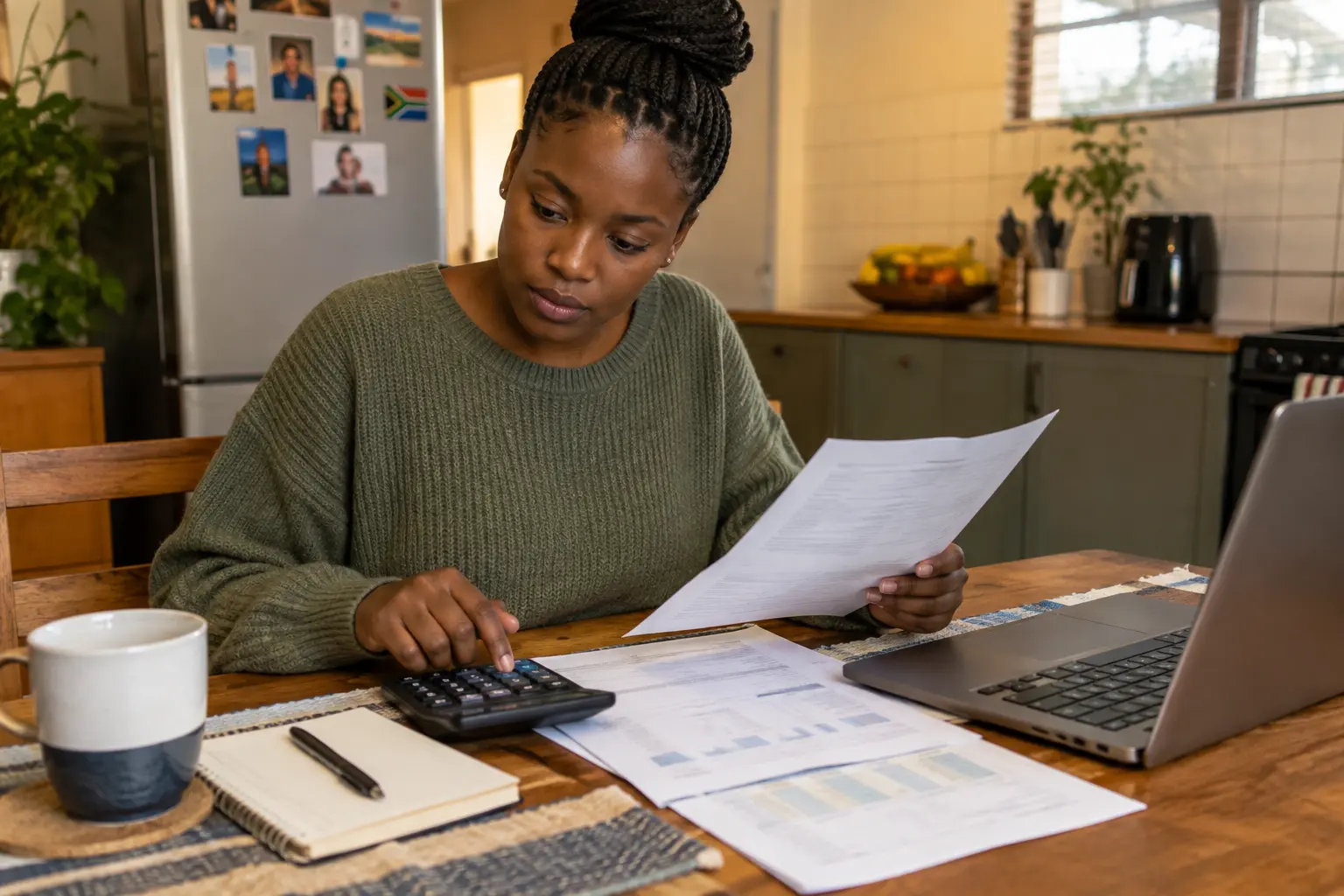 Young adult reviewing a household budget with a calculator and laptop
