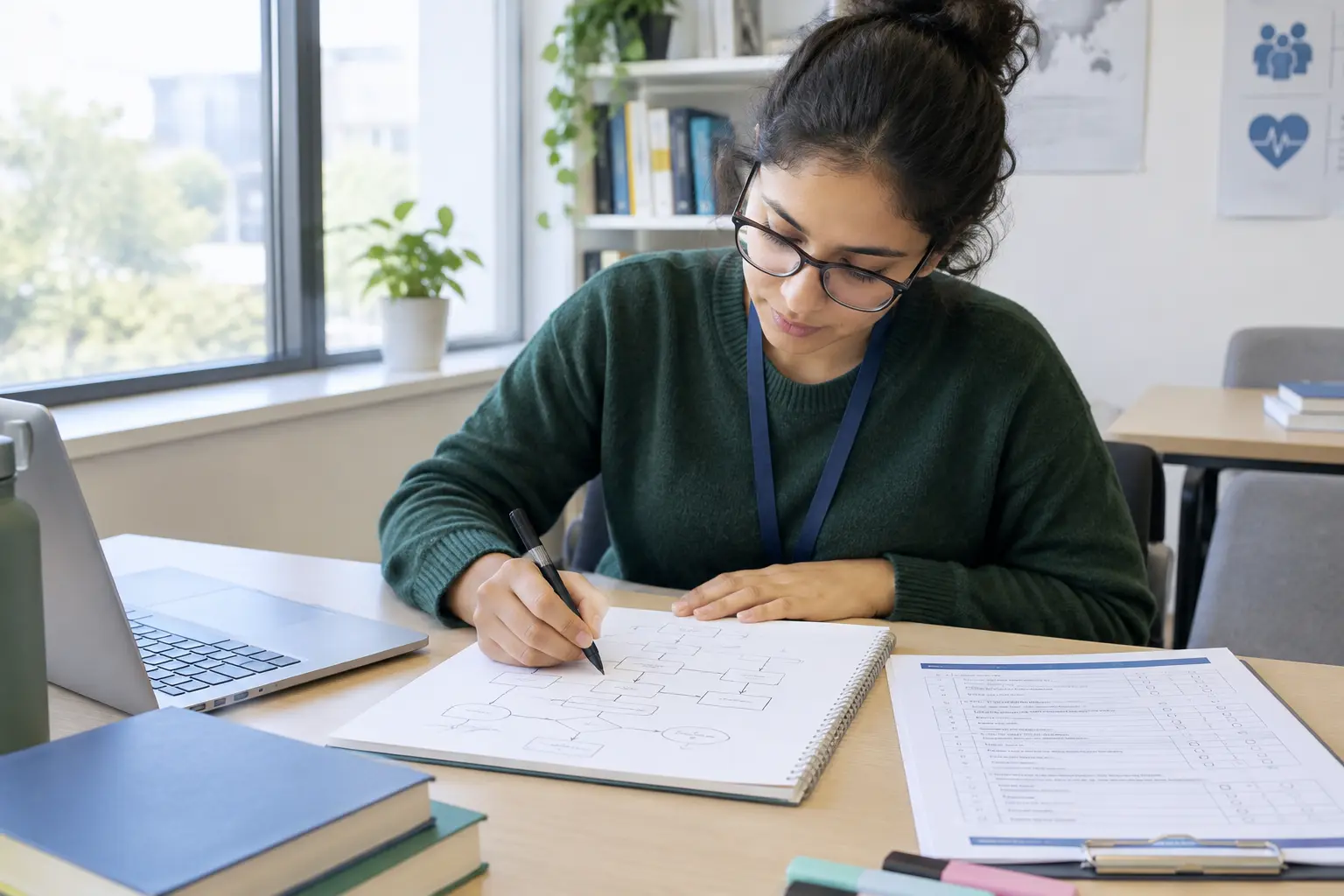 Public health student sketching a framework diagram at her desk