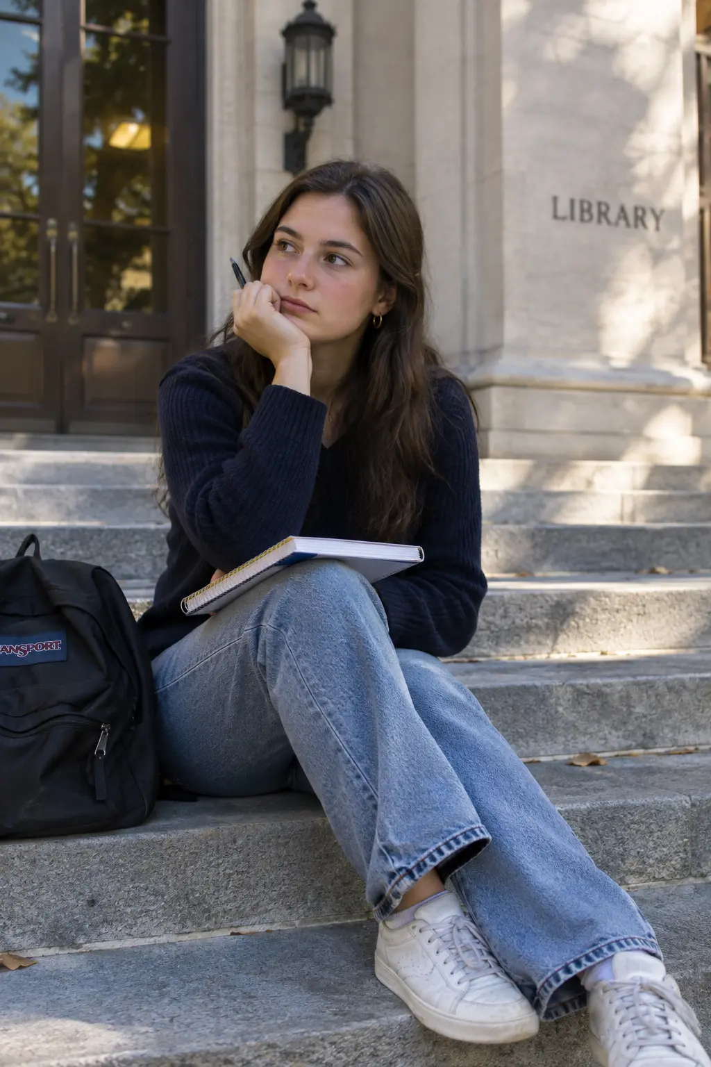University student sitting on library steps with a notebook