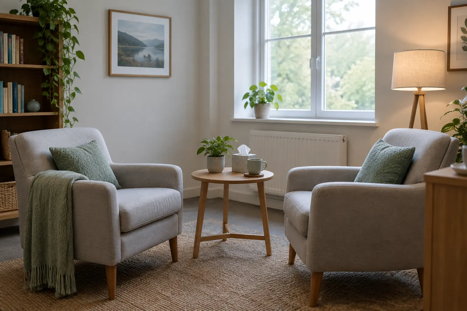 Quiet campus counselling room with two armchairs