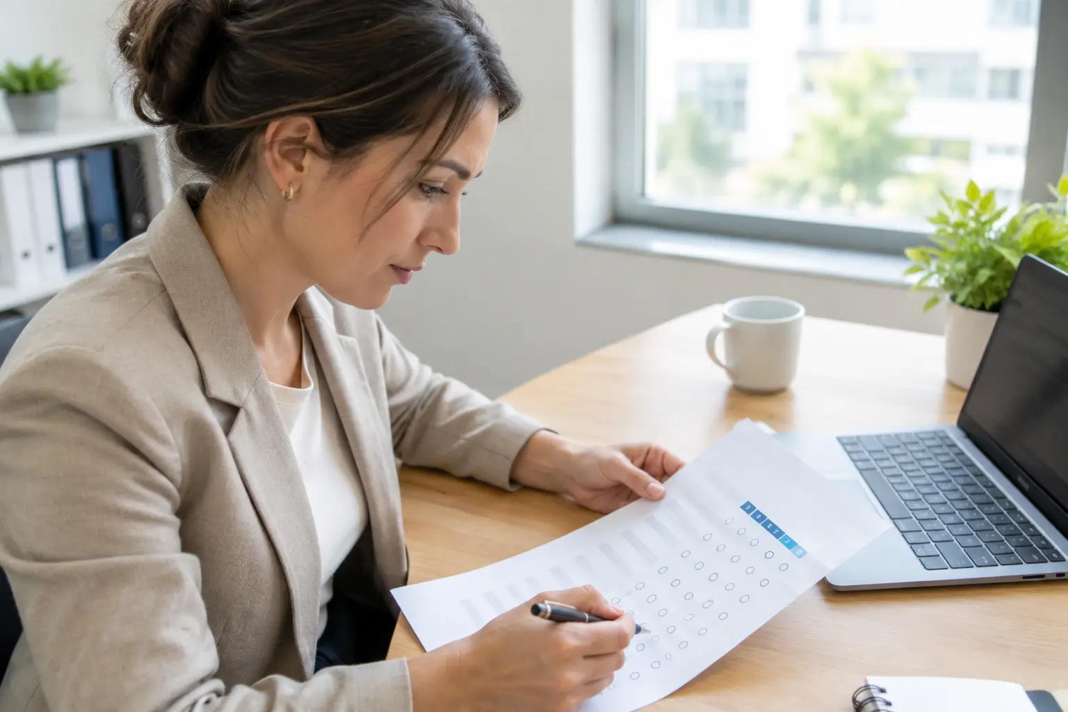 Researcher reviewing a printed employee survey at a desk