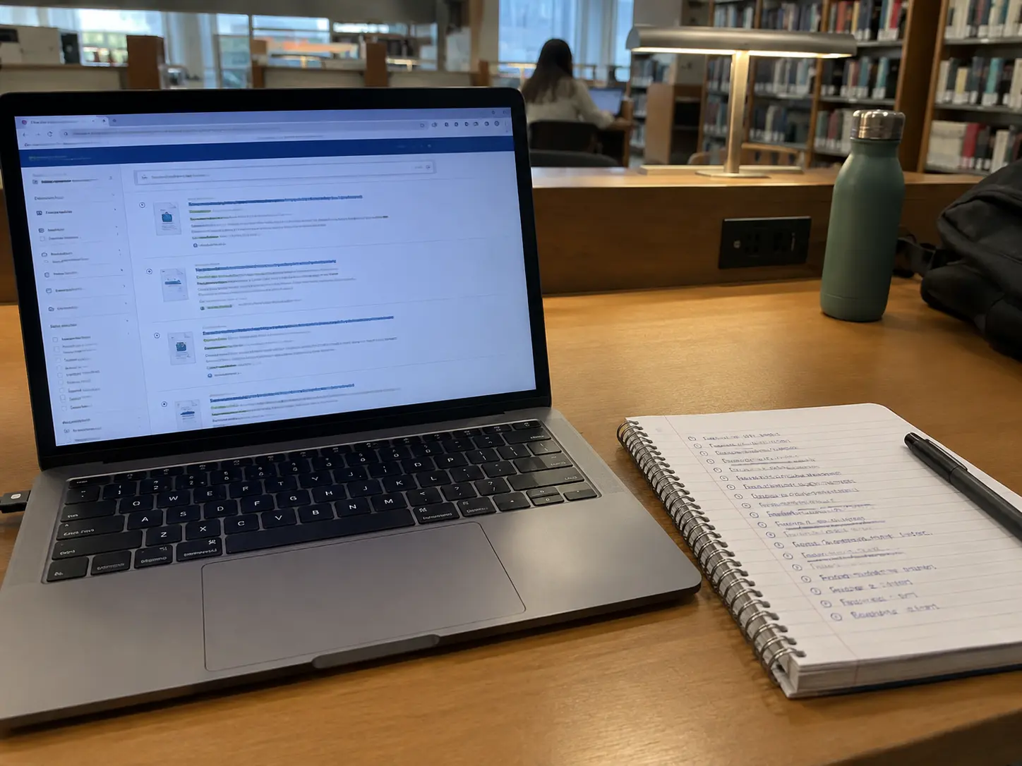 Student's laptop with search results beside a notebook listing questionnaire names