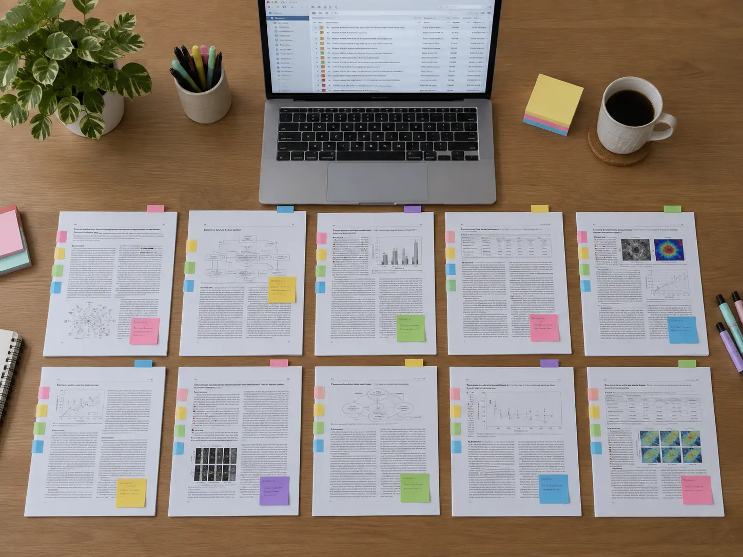 Annotated journal articles arranged in rows on a desk like a literature matrix