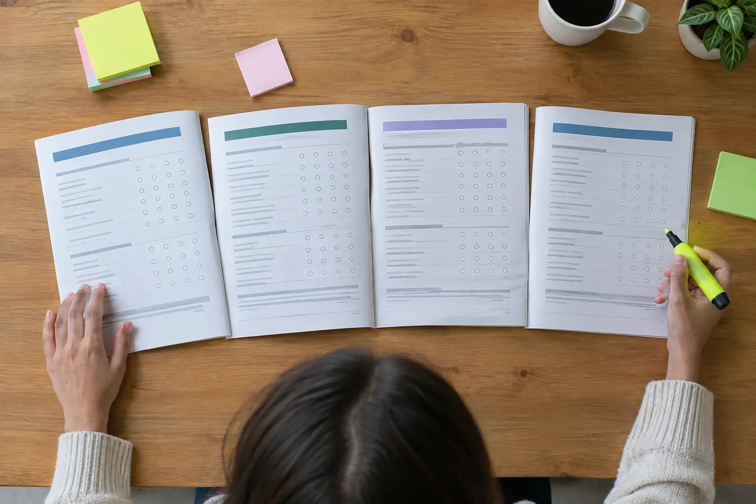 Researcher comparing printed questionnaire booklets side by side on a table