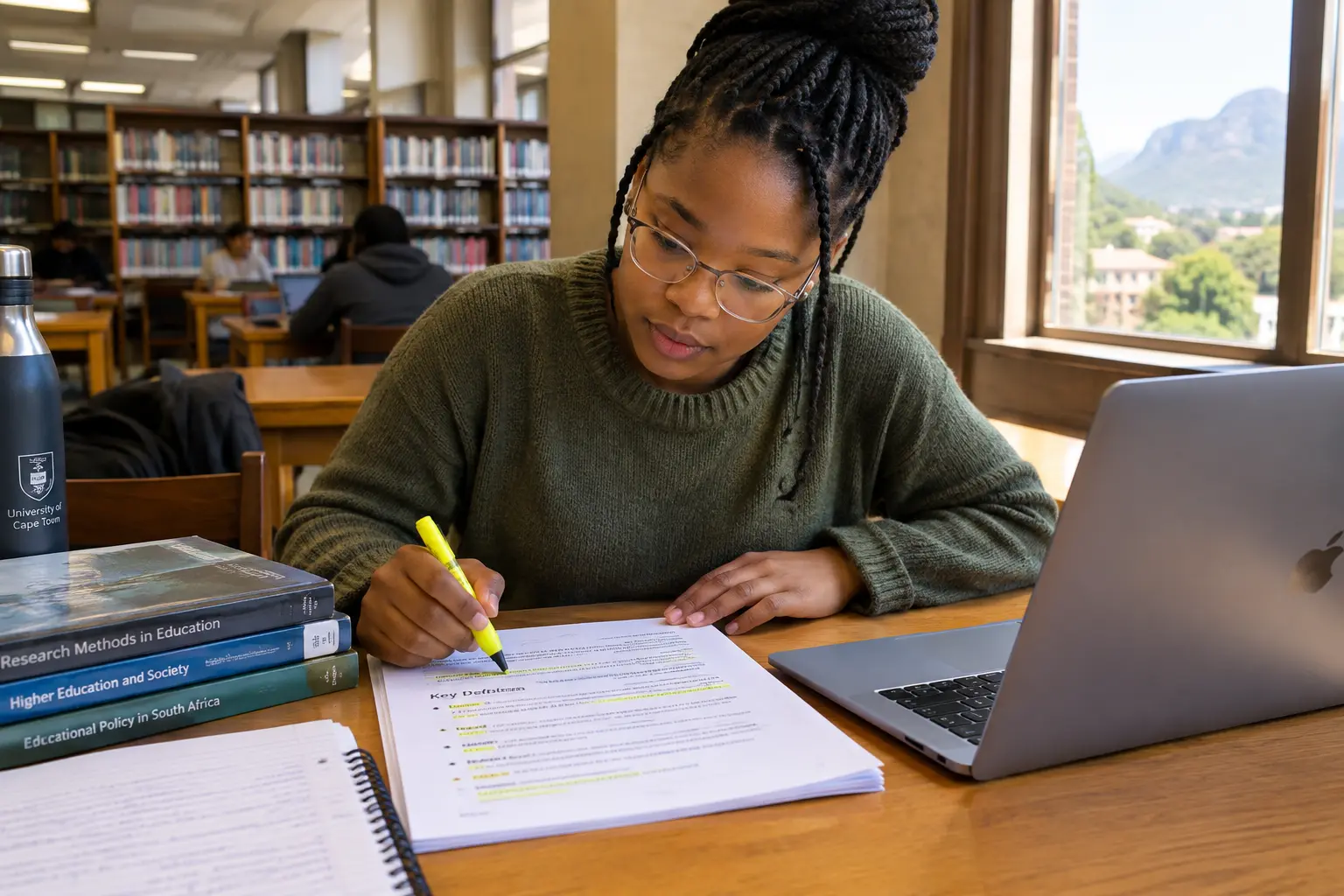 Education student highlighting a page of definitions beside a laptop in a university library