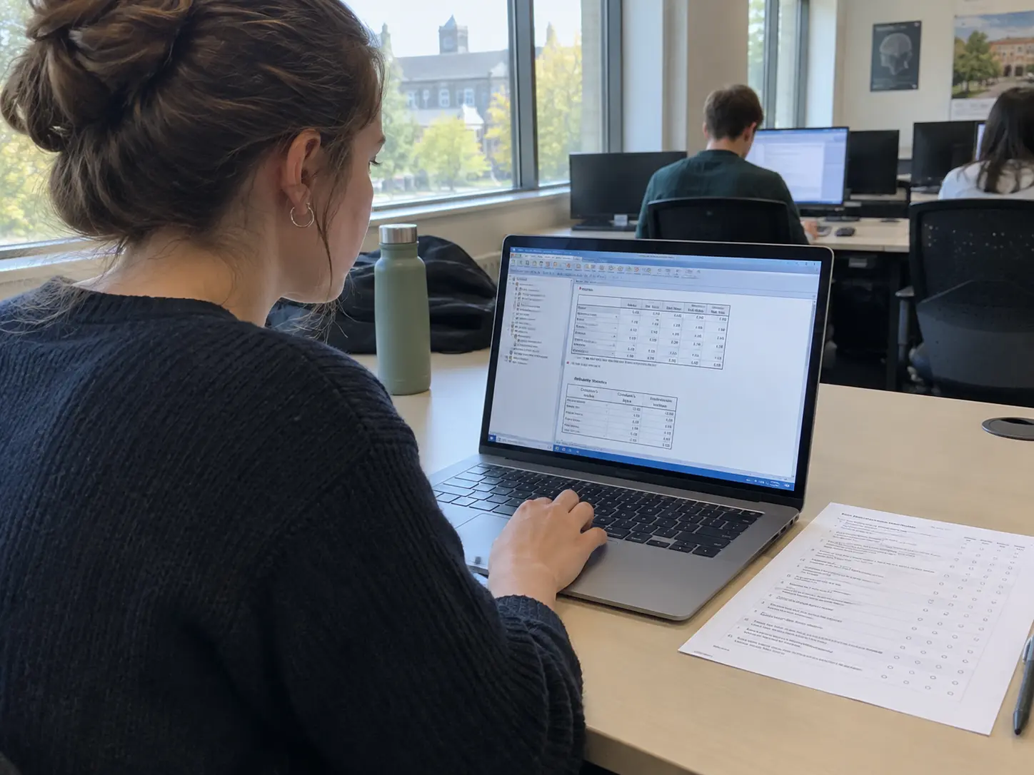 Psychology student reviewing a reliability analysis output on a laptop beside a printed questionnaire