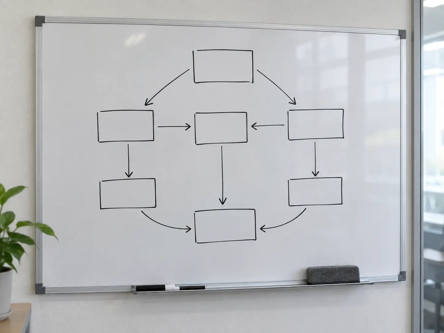 Whiteboard with a hand-drawn diagram of boxes connected by arrows