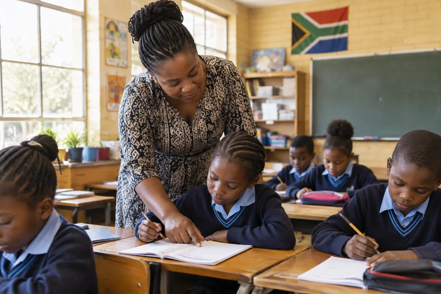Teacher helping learners at their desks in a primary school classroom