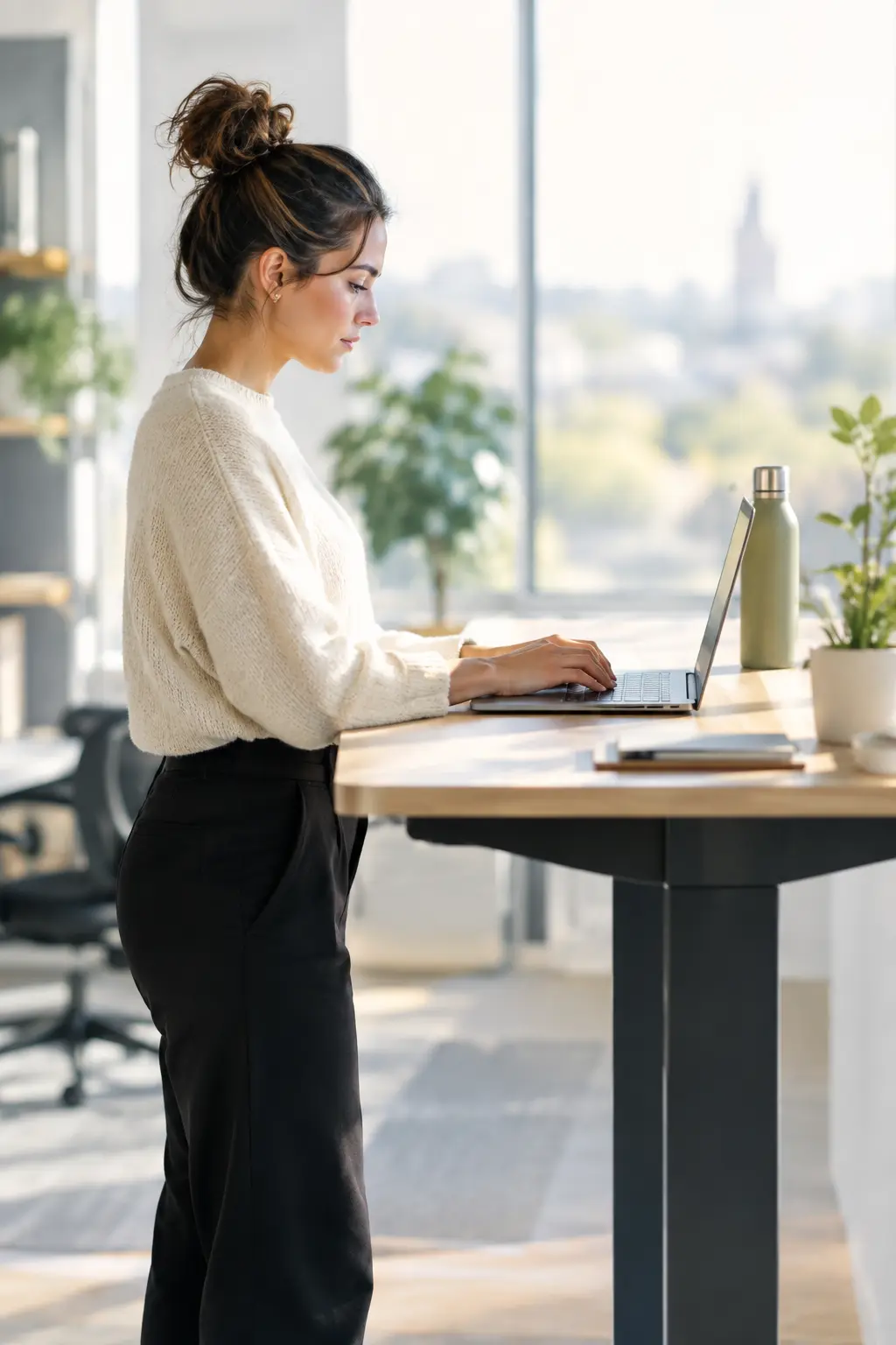Focused employee absorbed in work at a standing desk