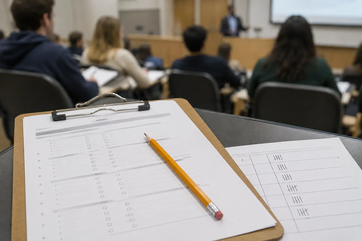 Pilot study questionnaire on a clipboard with a pencil