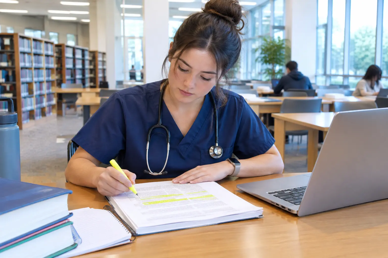 Nursing student highlighting a definition in a printed act beside a laptop